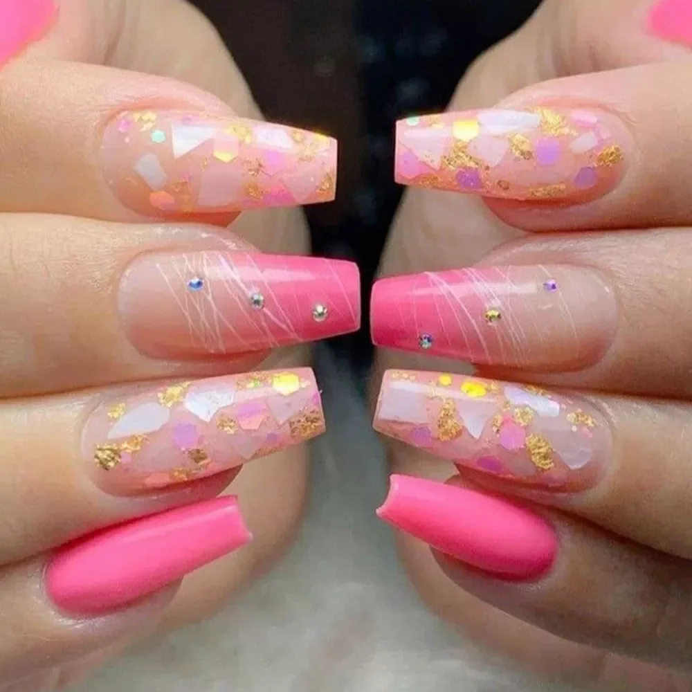 Shell Glitter Pink False Nails French Ballerina Nails Long Coffin Rhinestone Fake Nails Full Cover Artificial Press On Nails