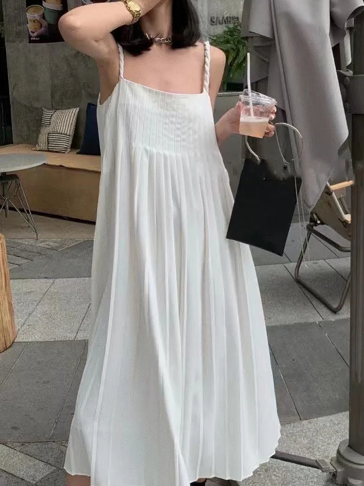 

Temperament Slim Pleated Suspender Versatile Sleeveless With High Waist Female Spaghetti Strap Dress 2022 Summer New B504