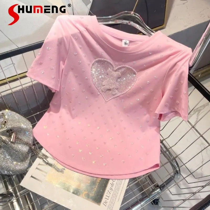 

Мультяшные простые футболки, женские летние топы с бусинами в тяжелой промышленности, высокое качество, бисер, стразы, любовь, модная футболка с коротким рукавом