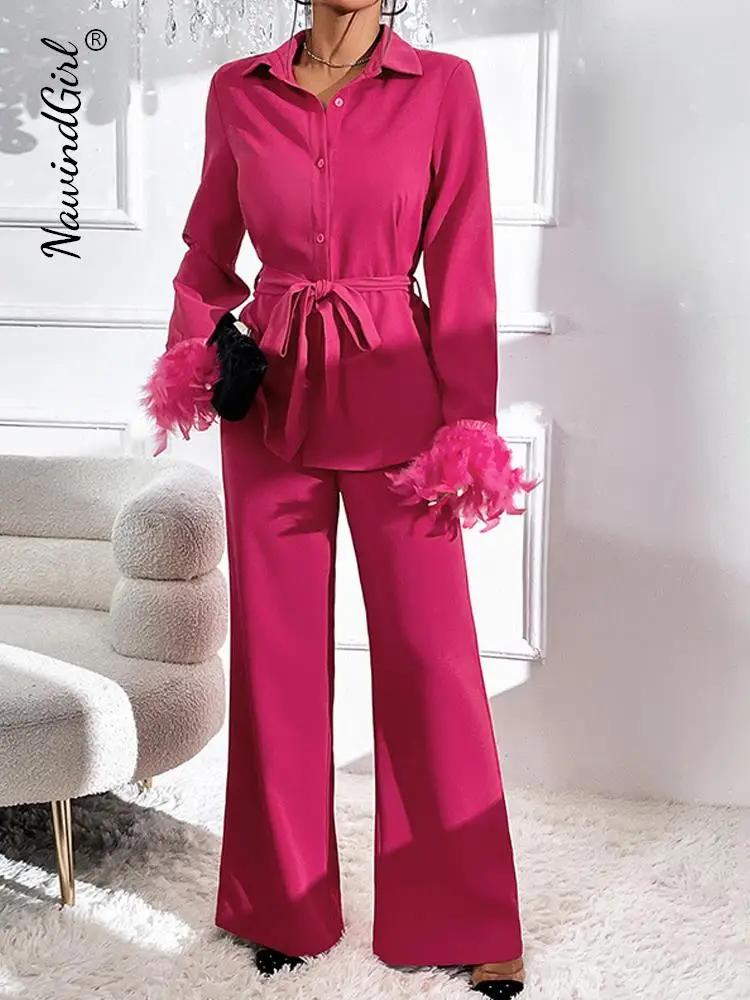 

Belt Feather Lapel Single-breasted Women 2 Piece Set Long Sleeve Elegant Pocket Sets Female 2023 Spring Loose Wide Leg Pant Suit