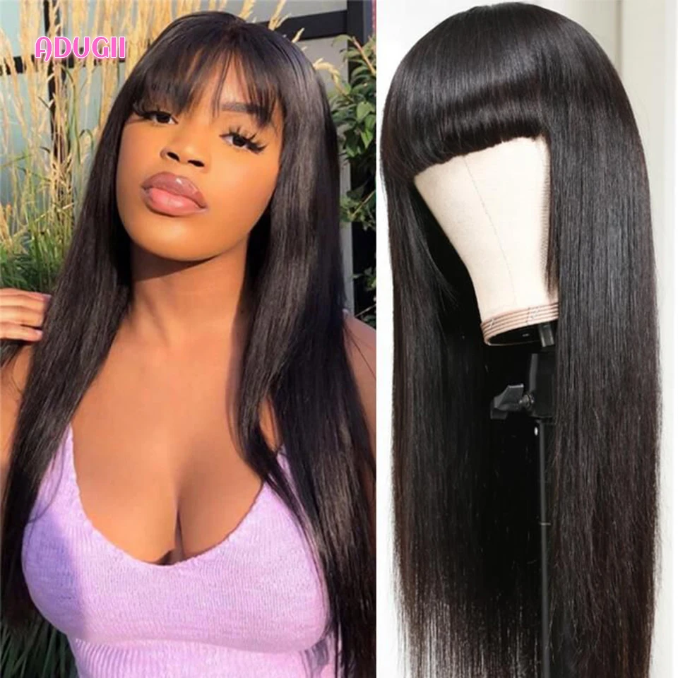Straight Human Hair Wigs With Bangs For Women Brazilian Full Machine Made Straight Bang Wigs 150 Density Remy Hair Salon Wig