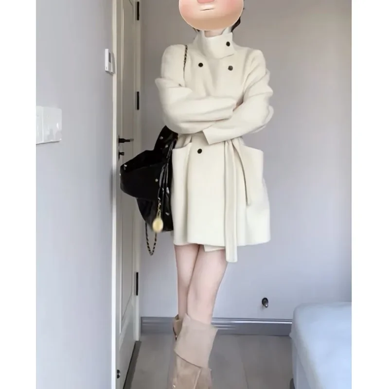 Элегантное шерстяное пальто средней длины белое корейское для женщин осень/зима