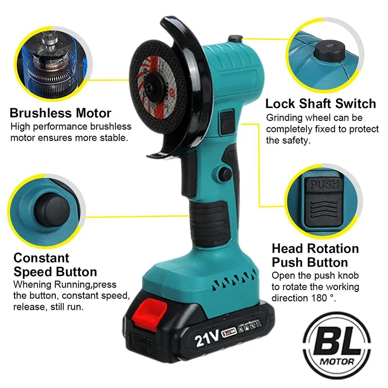 Бесщеточная угловая шлифовальная машина Makita 21В синяя