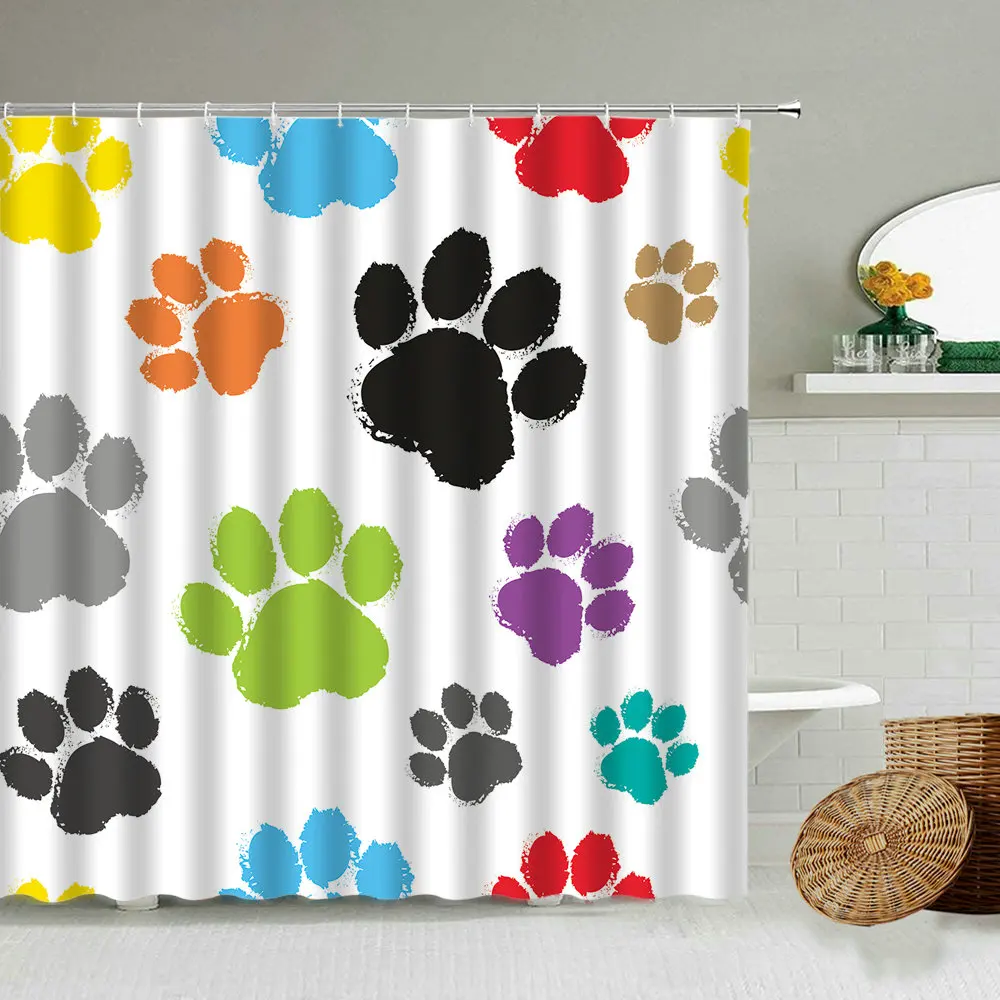 

Fun Cartoon Animal Paw Shower Curtain Color Cat Dog Bear Paw Bathroom Accessories with Hooks Waterproof Screen Washable