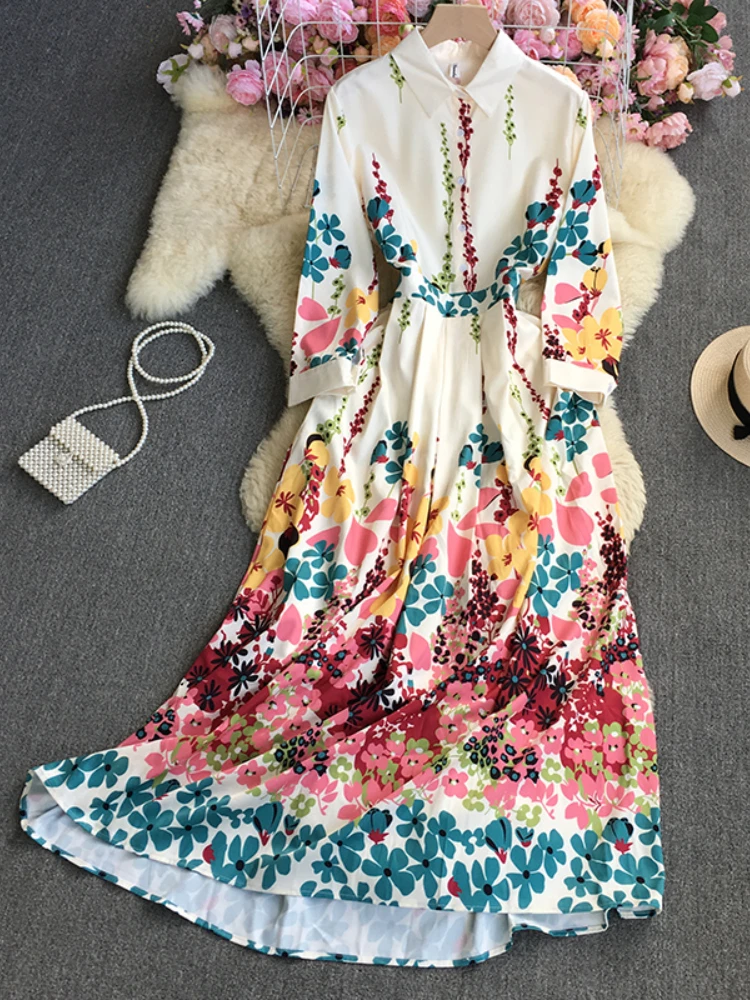 

LY VAREY LIN New Spring Autumn Print Dress Women Fashion Lapel Single Breasted A-line Dress Lady Casual Slim High Waist Dress