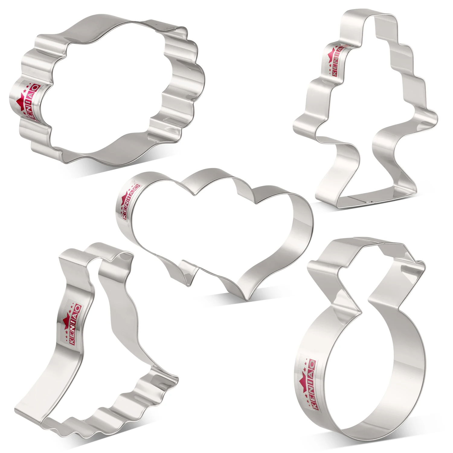 

KENIAO Wedding Cookie Cutter Set - 5PC - Dress Cake Double Heart Diamond Ring Biscuit Fondant Bread Molds - Stainless Steel