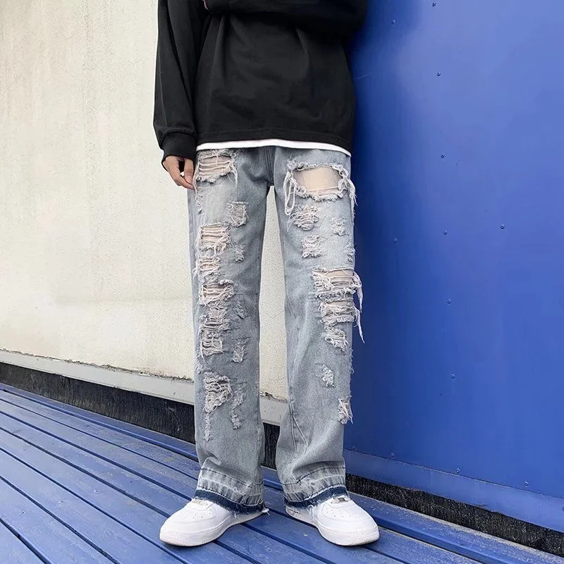 

Джинсовые прямые брюки с дырками и необработанными краями, потертые синие свободные повседневные женские тонкие всесезонные джинсовые брюки, летние большие размеры