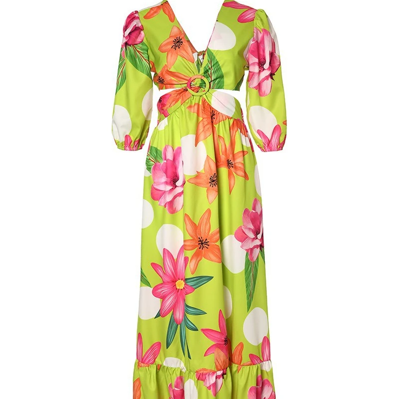 

Puff Sleeve Boho Long Dress Elegant Women's Summer 2022 Casual Floral V Neck Loose Holiday Beach Dress Party Vestidos