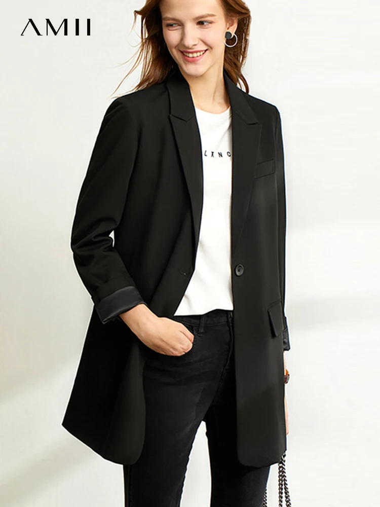 AMII Minimalism Blazer for Women Korean 2023 Sping New Loose Office Lady Women's Jacket Fashion Black Solid Female Suit 12321065