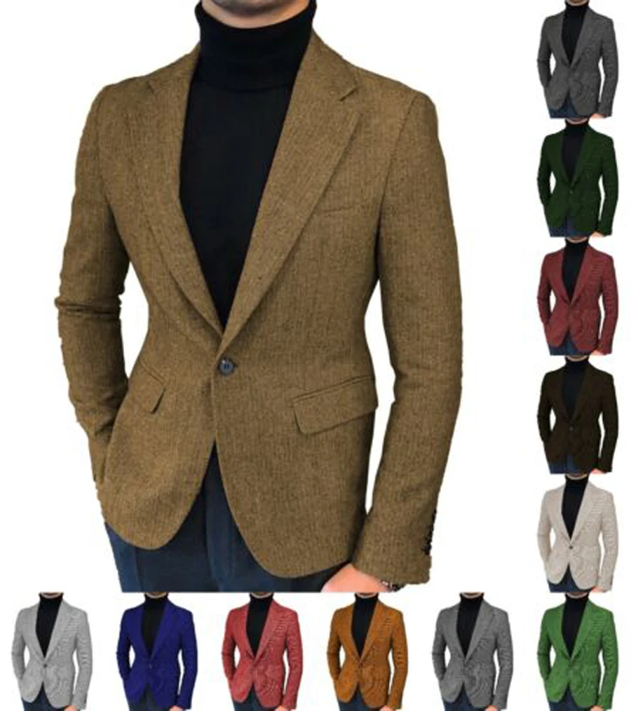 Vintage Classic Men Suit  Business Jacket Herringbone Tweed Coat Tuxedos Retro Wool Blend Wedding Blazer