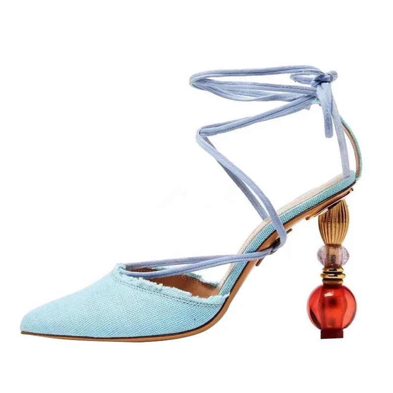 

2022 spring and summer catwalk high-heeled Baotou lantern with wrapping fashion sandals pointed strange shape