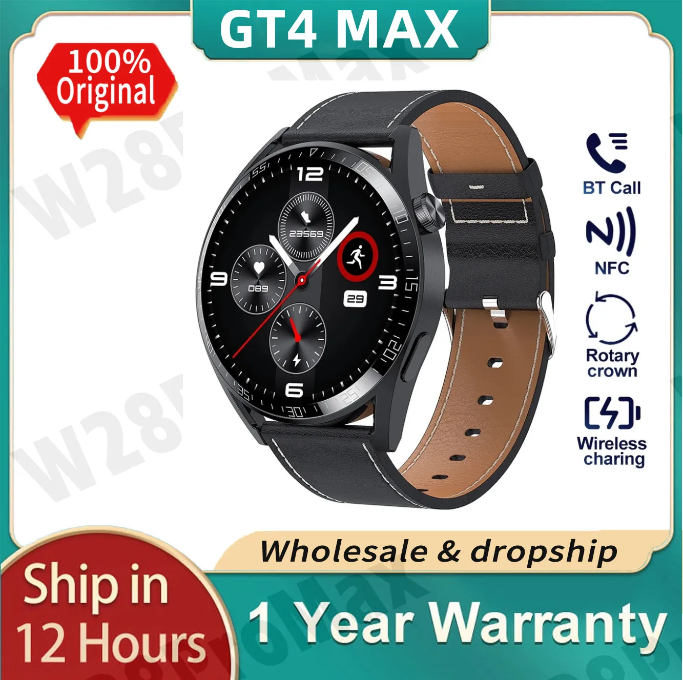 

Смарт-часы GT4 Max мужские, экран 1,5 дюйма, Bluetooth, беспроводное зарядное устройство