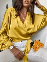 celmia women satin blouses fashion 2022 elegant long bat sleeve shirts summer cross v neck bandage waisted haut style wrap tops