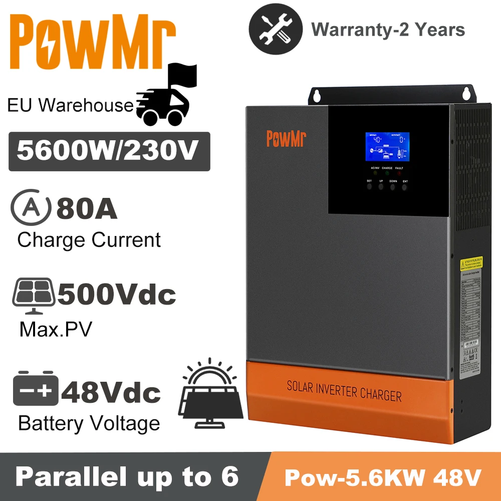 

PowMr 5.6KW 48VDC 230V Solar Inverter with MPPT 80A Solar Charger Max PV 500Vdc Fit for Solar Panel System Parallel up to 6 Unit