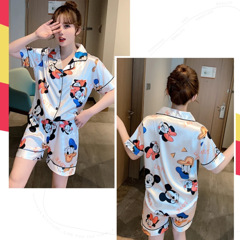Disney Silk Mickey Pyjamas Woman Casual Short Sleeve Top and Shorts Homewear Ladies Loose Minnie Mouse Stain Sleepwear Sets