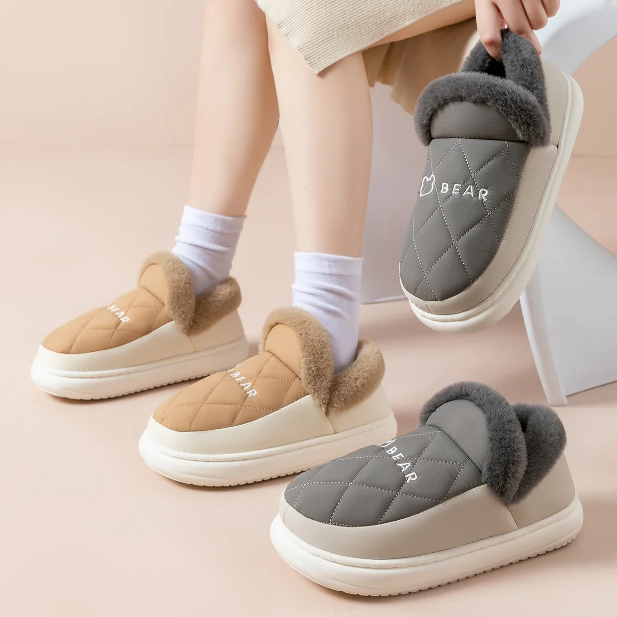 Зимние женские тапочки теплая домашняя меховая обувь плюшевые шлепанцы на