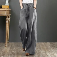 cotton linen wide leg womens pants 2021 spring high waist solid drawstring loose ankle length large trousers for female