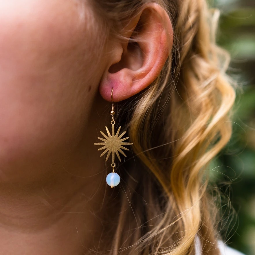 

Bohemia Ethnic Style Earrings, Dangle Earrings, with Moonstone and Golden Brass Sun, Dazzling Gold Color Sun Earrings