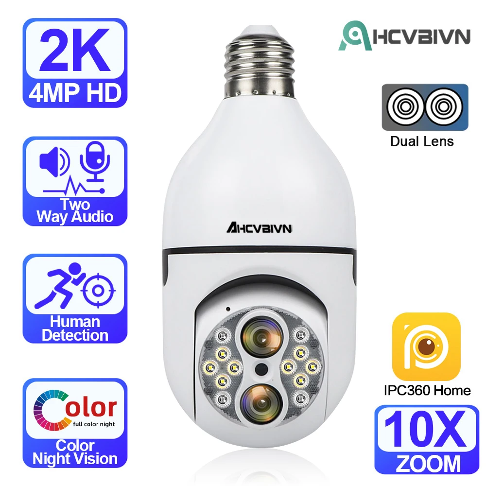 

H.265 Dual Lens E27 Bulb Camera 4MP 10X Zoom WIFI Auto Tracking IP Camera Motion Detection Two Way Audio Indoor PTZ Camera 2MP