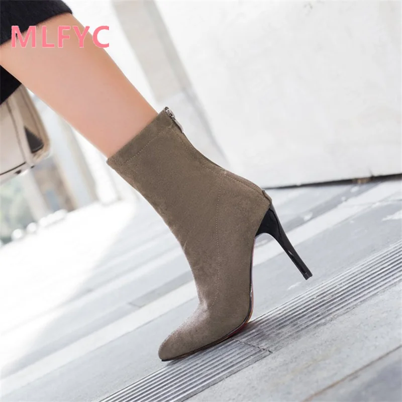 

Pointed toe ankle boots women's thick heel high-heeled nude boots autumn and winter 2022new suede short tube elastic boots women