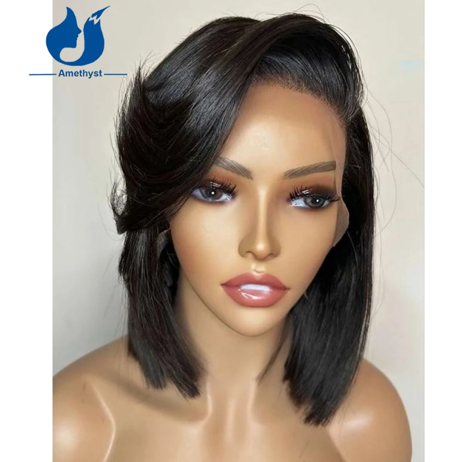 Парик из натуральных черных человеческих волос с аметистом и многослойной