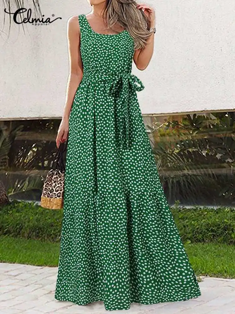 

Celmia Floral Printed Summer Beach Dress Women Comfortable Maxi Dress 2022 Fashion Belted Tank Dress Holiday Thin Sundress