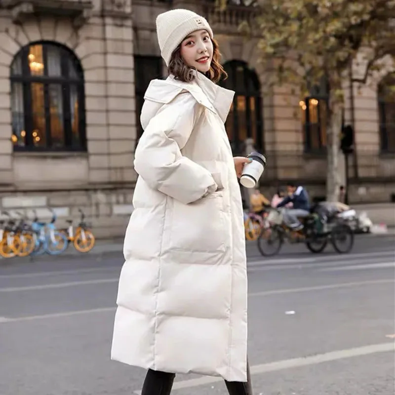 Pakistani Women's Winter Knee Down Cotton Jacket Korean Fashion Zipper Hooded Fashion Jacket Loose Casual Warm Solid Color Cotto
