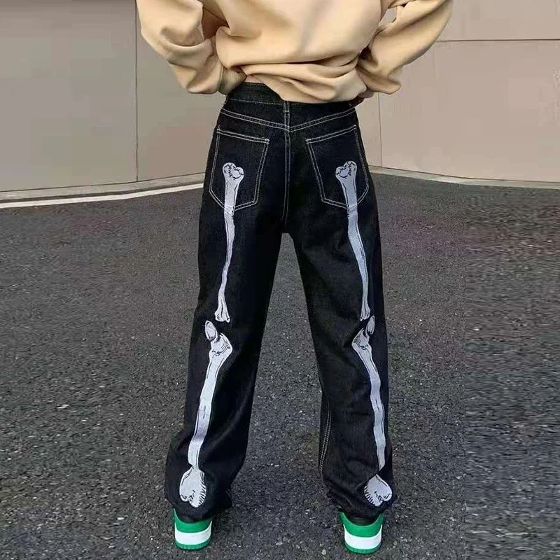 Streetwear Jeans Men Skull Hand Bone Embroidery Vintage Washed Straight Oversized Baggy Stars Hip Hop Denim Trousers Black Pants