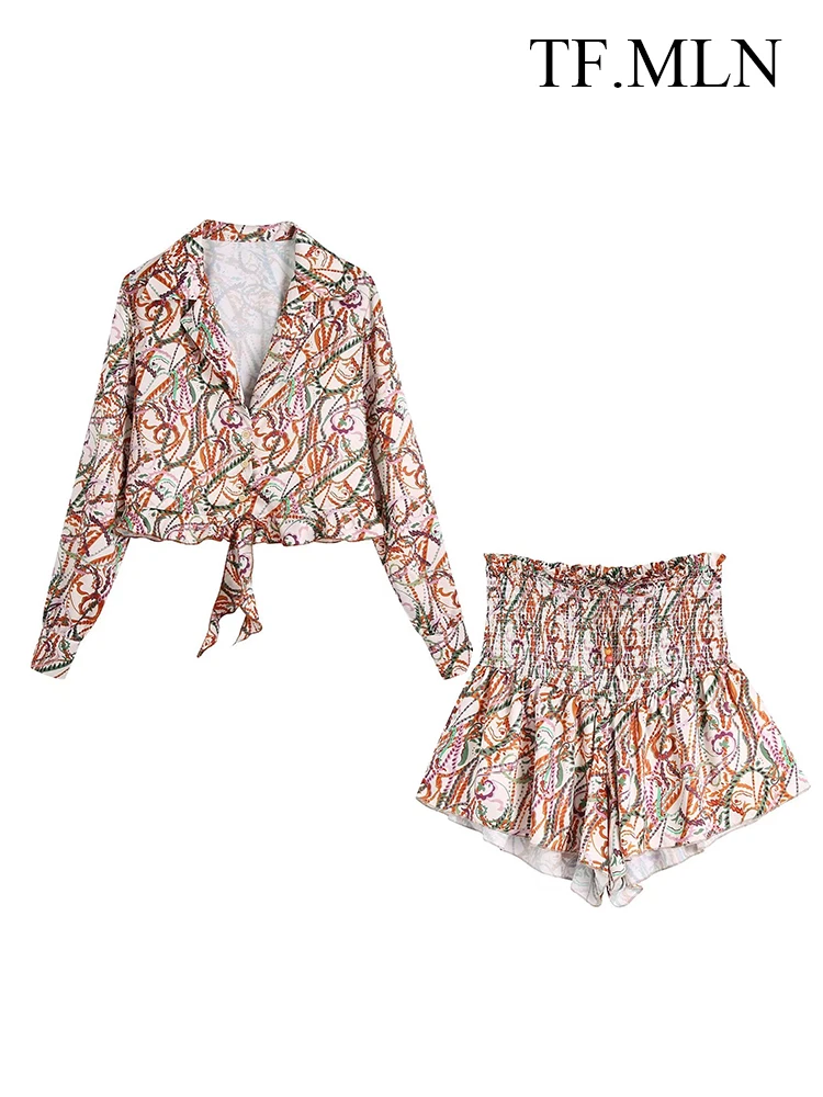 

TFMLN New Fashion Women Printed Bow Blouses+A-line Shorts Set 2022 Long Sleeve Shirts Tops Female High Waist Drawstring Short