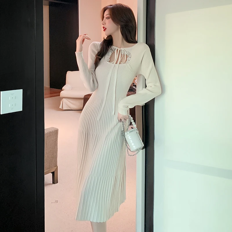 

2022 Black Hepburn Bodycon Hollow Out Sexy Midi Dress Women Korean Vintage Casual Dress Spring Autumn Elegant Office Lady Dress