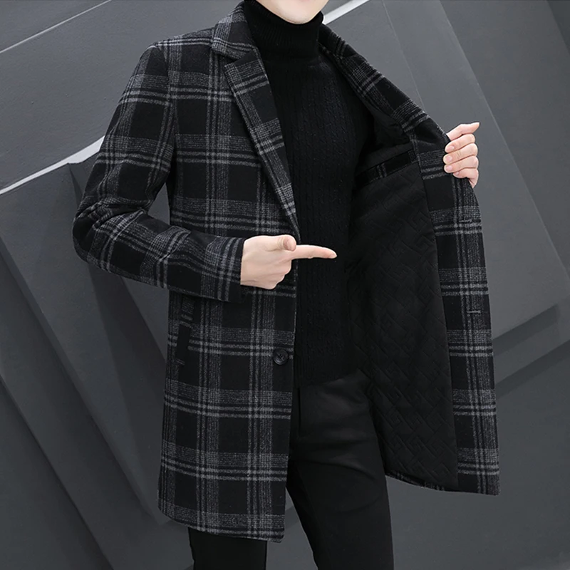 Business Casual Men's Autumn Winter Plaid Woolen Overcoat Mid-Length Top Wool Coats Outwear Long Thick Warm Windbreaker Jackets