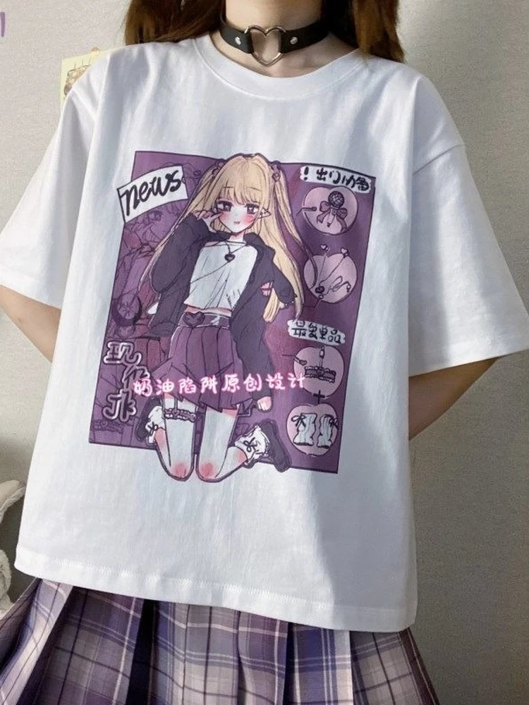 

QWEEK, футболки с рисунком из аниме и японского Харадзюку, милая футболка с мультяшным принтом, корейские белые топы, лето 2022, Kpop Y2k Girl