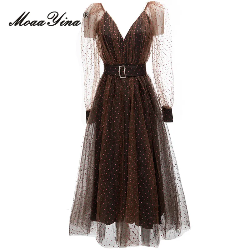 

Женское винтажное Сетчатое платье MoaaYina, подиумное Темно-коричневое длинное платье в горошек с v-образным вырезом, длинным рукавом и поясом