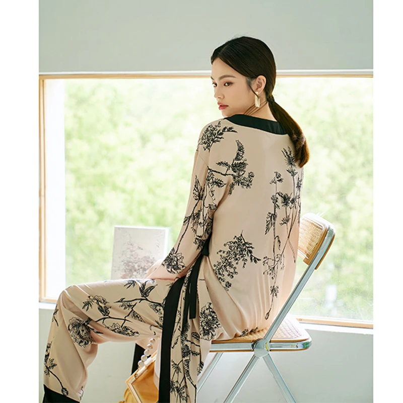 Kimono Pajama Set Women's Oversize Floral Print Silk Laides Sleepwear Saitn Luxury 2 Pieces Set Pijama Suit Pyjama for Female