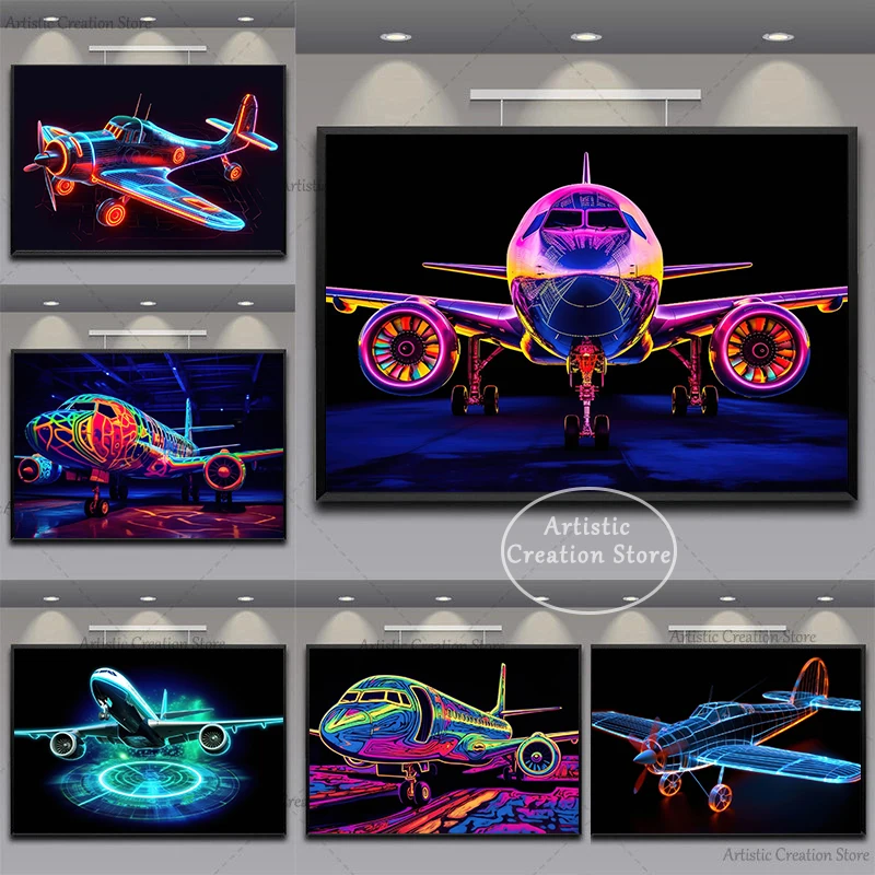 

Plane Neon Style Line Poster Airplane Canvas Painting Prints Wall Art Pictures Living Room Bedroom Office Club Home Decor Gifts