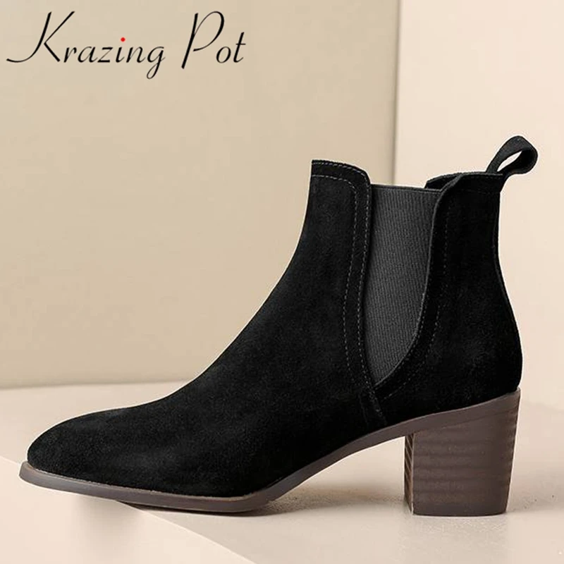 

Ботинки-челси из коровьей замши, с круглым носком, на толстом высоком каблуке