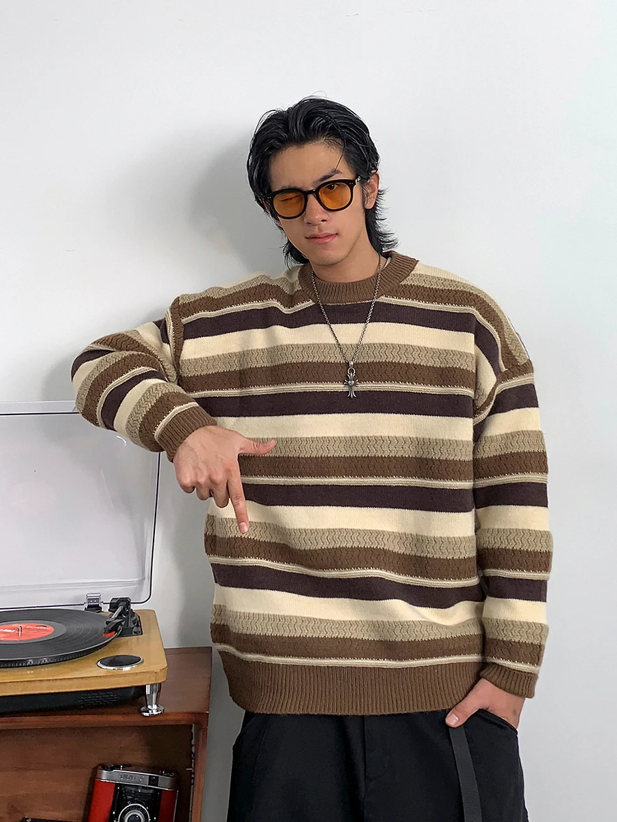 Alang Studio 680 г тяжелый Американский смешанный цвет полосатый свитер Мужская зимняя