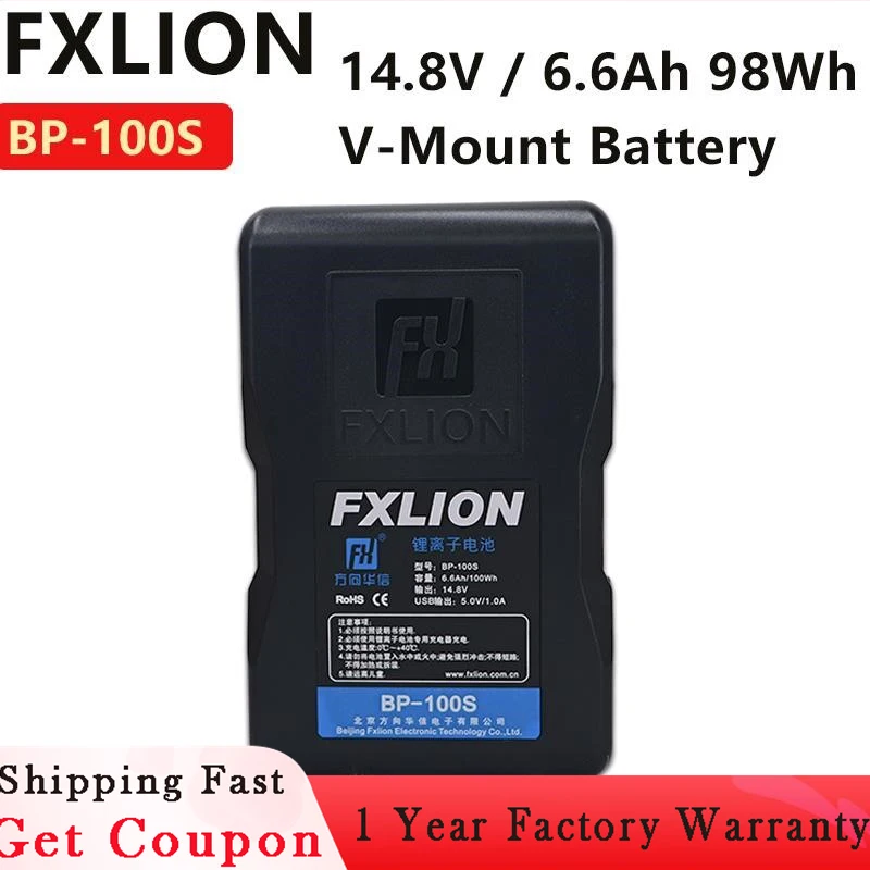 

FXLION BP-100S 14.8V / 98Wh V-Mount Battery USB-A, D-Tap and 2 1Pin Socket. A 5-Level Power Indicator FOR Camera Light Battery
