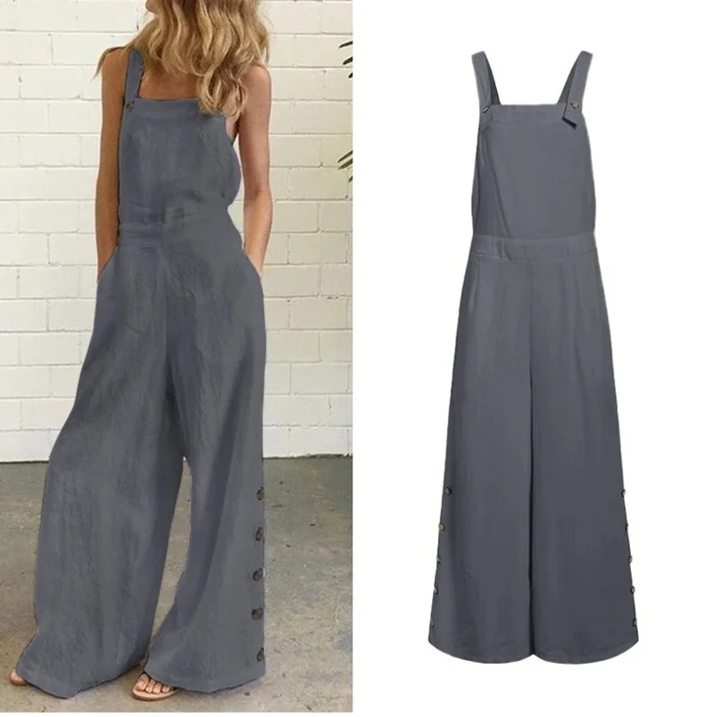 Plus Size Fashion Women's Clothing Solid Color Sleeveless Side Pocket Casual Loose Wide Leg Side Buckle Sling Jumpsuit Overalls