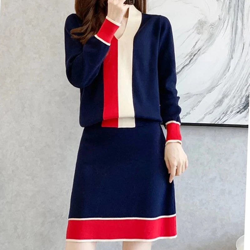 

V-Neck Pretty Color-Block Autumn New Comfortable Long-Sleeved Sweater Fashion Knit Temperament A-Line Skirt Two-Piece Set
