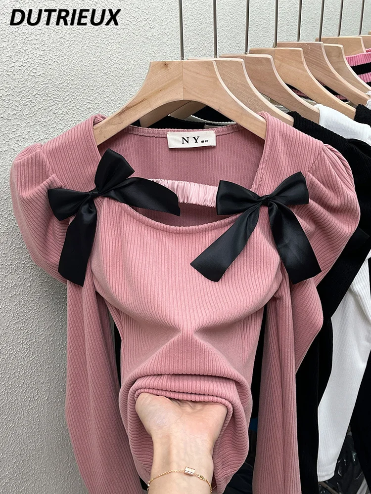 

Осенне-зимний модный милый топ в западном стиле с короткими рукавами-фонариками с начесом нижнее белье с низким вырезом Футболка женская внутренняя одежда футболка