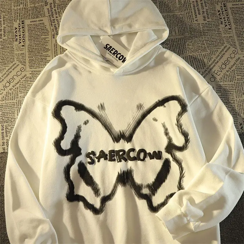 

Retro Butterfly Print Hooded Sweater Fall and Winter 2022 Thickened Loose ins Trendy Couple Jacket Large Size tops