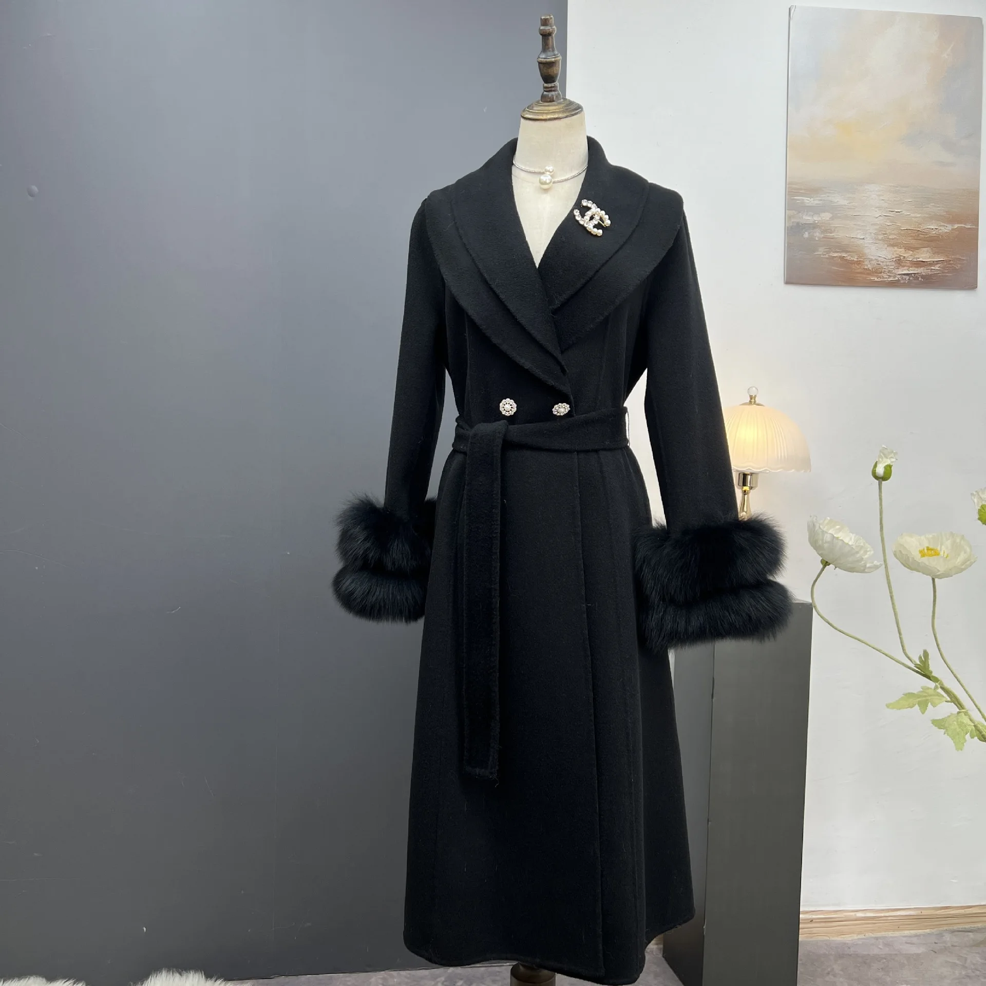 Wu Huang новинка 2024 кашемировое двустороннее пальто женское длинное меховое с