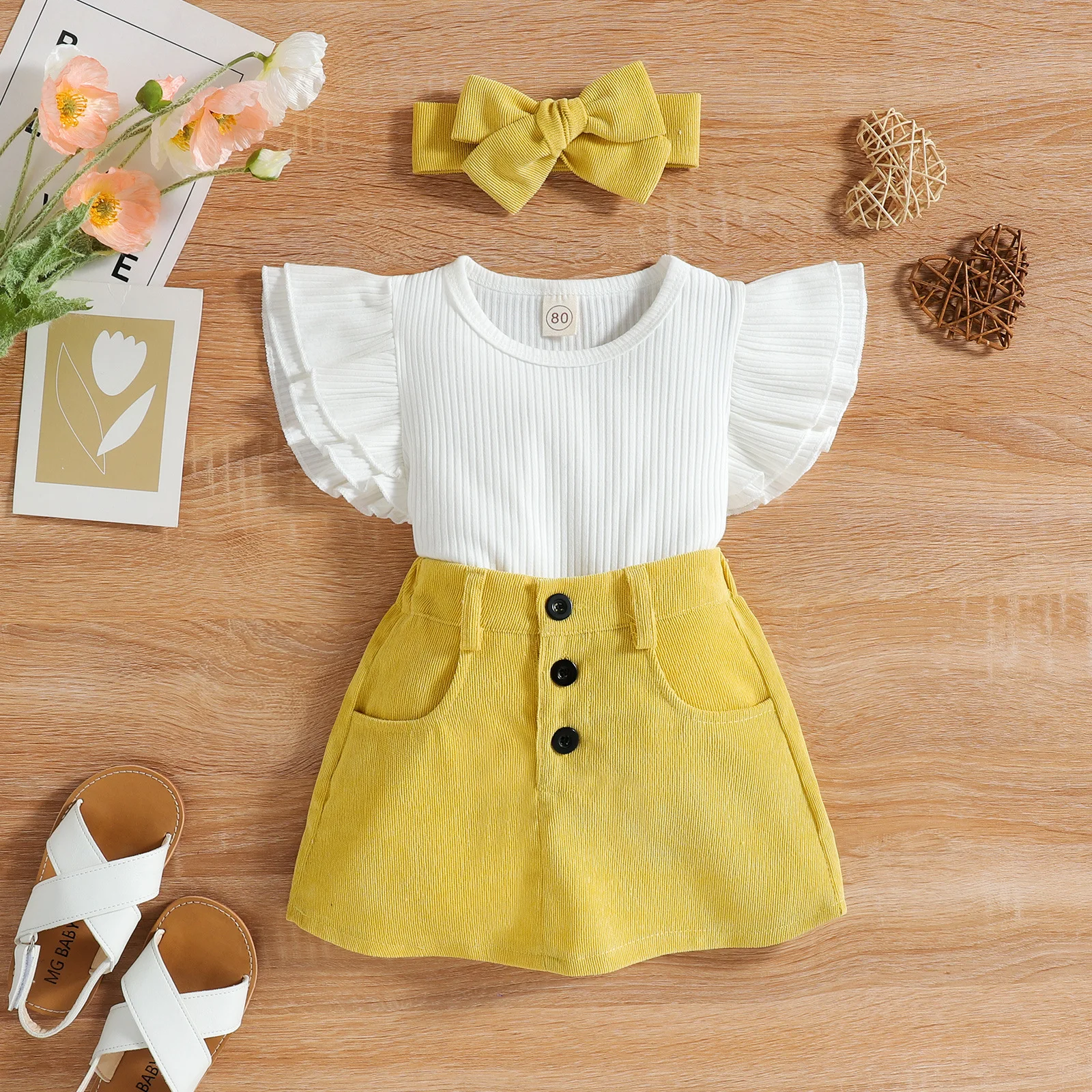 

Baby Girl Clothes Children Casual Outfits Infant Solid Flying Sleeve T-shirt + Skirt 2pcs Set Toddler Summer Cute Clothing Sets