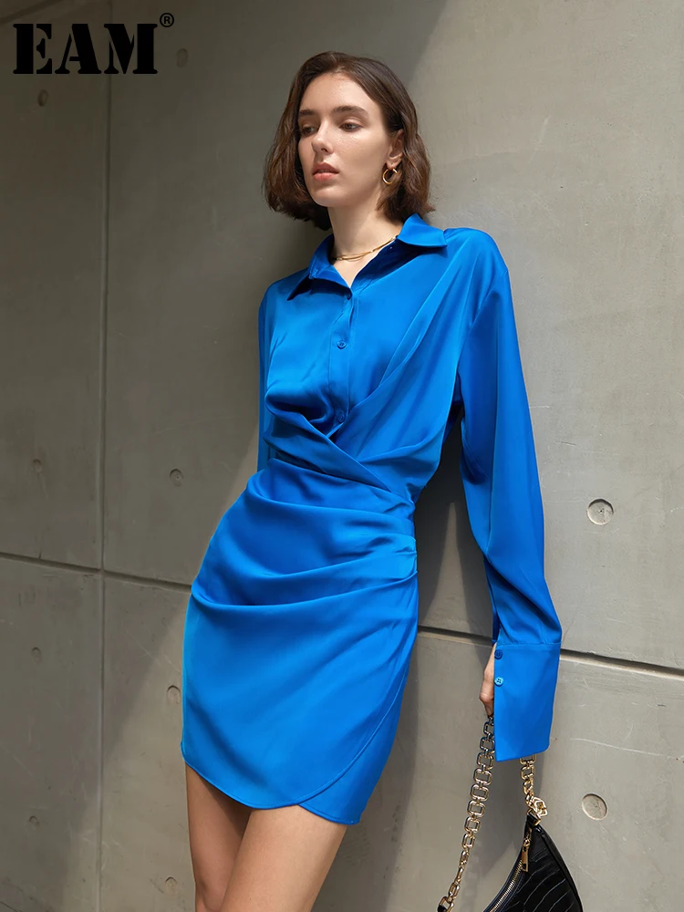 

[EAM] Women Blue Pleated Brief Elegant Mini Shirt Dress New Lapel Long Sleeve Loose Fit Fashion Tide Spring Autumn 2023 1DE9351