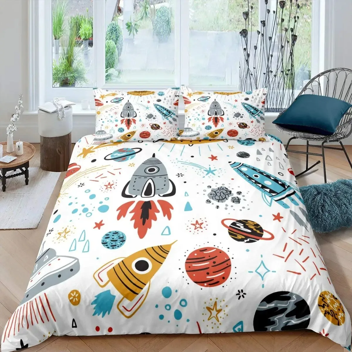 Rocket Duvet Cover Set King Size Spaceship Bedding Twin Microfiber Outer Space Galaxy Stars Planet Cartoon Style Quilt
