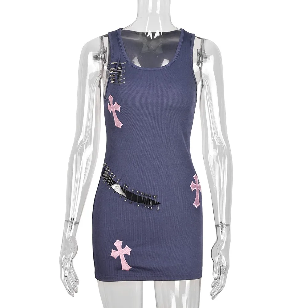 

Street Style Dress Cutout Sleeveless Skirt Sexy Casual U Neck Cross Embroidered Camisole Skirt Kawaiifairy Grunge Summer Dresses