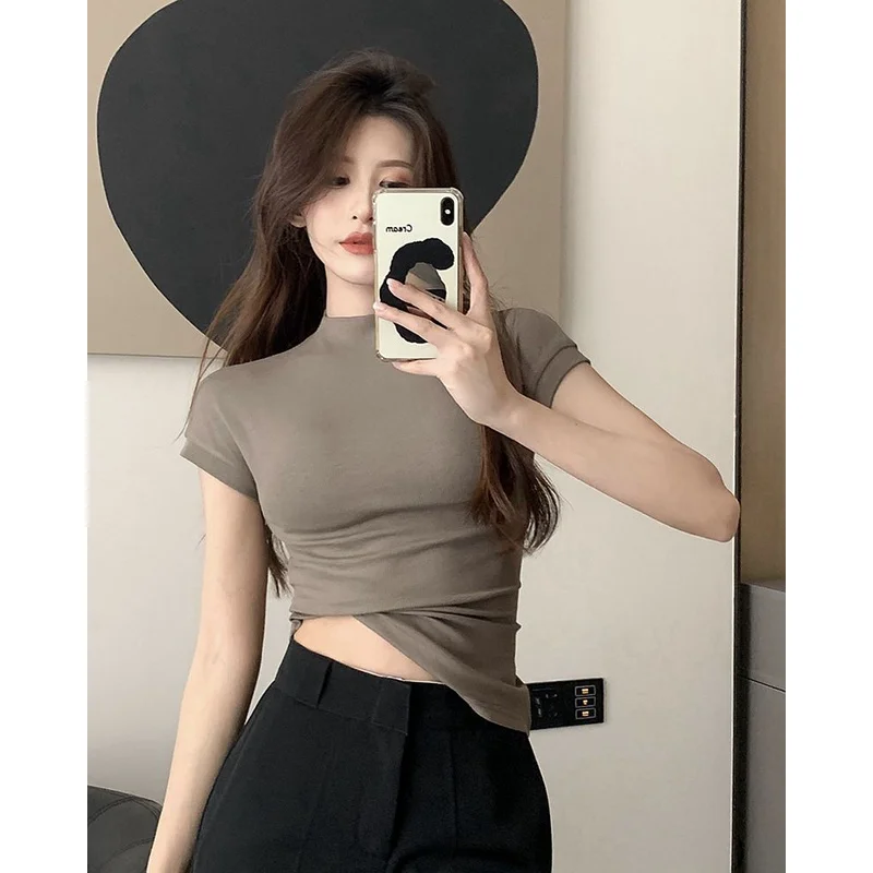 

Pure erotic screw-threaded cotton half-high neck short sleeve T-shirt ins chest bottom top