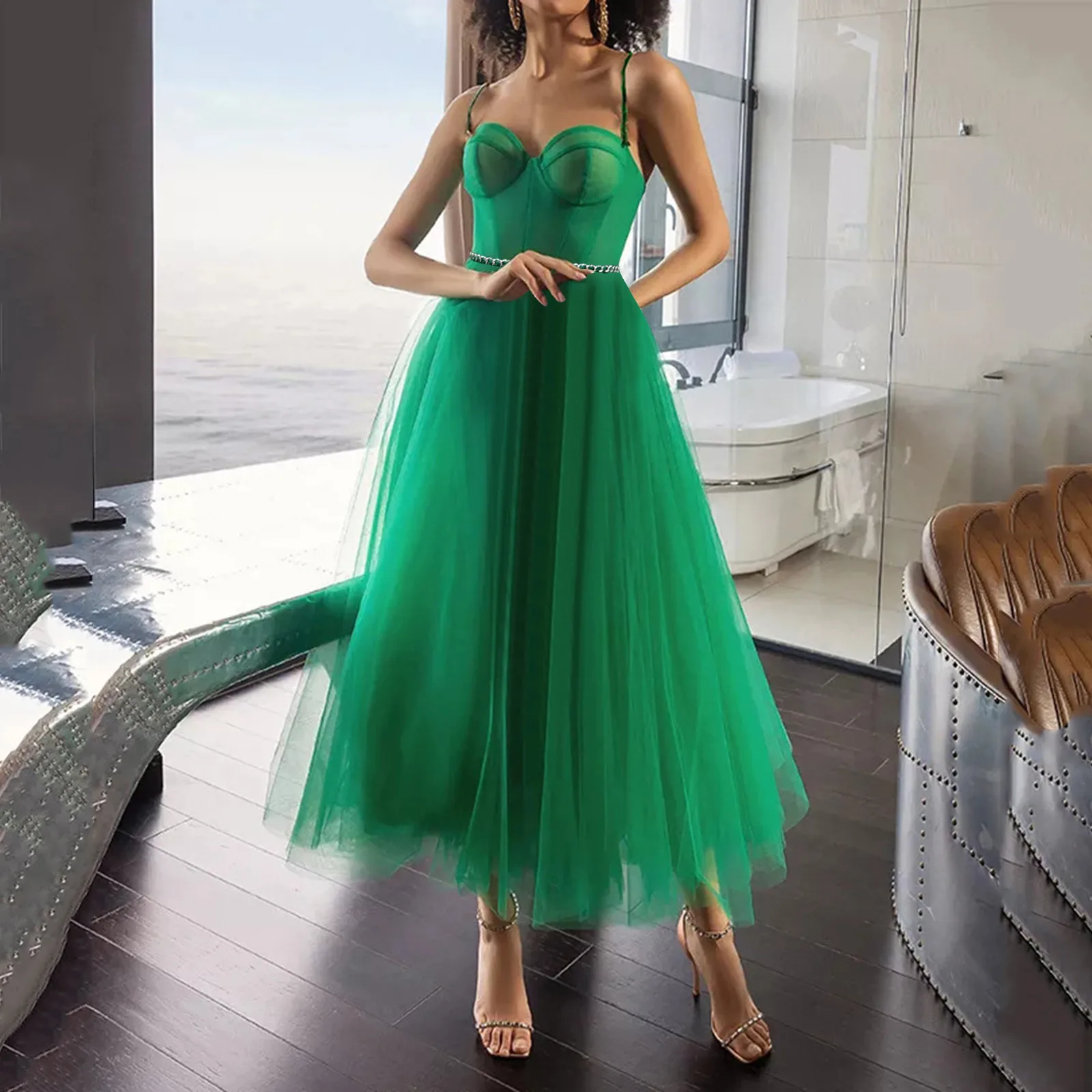

Women Sexy Mesh Wedding Bridesmaid Dresses Sling Wedding Dresses Evening Dress With Belt Party Dress Long Sleeve Prom Vestidos