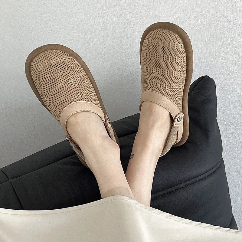 Сандалии женские сетчатые с круглым носком босоножки на плоской подошве